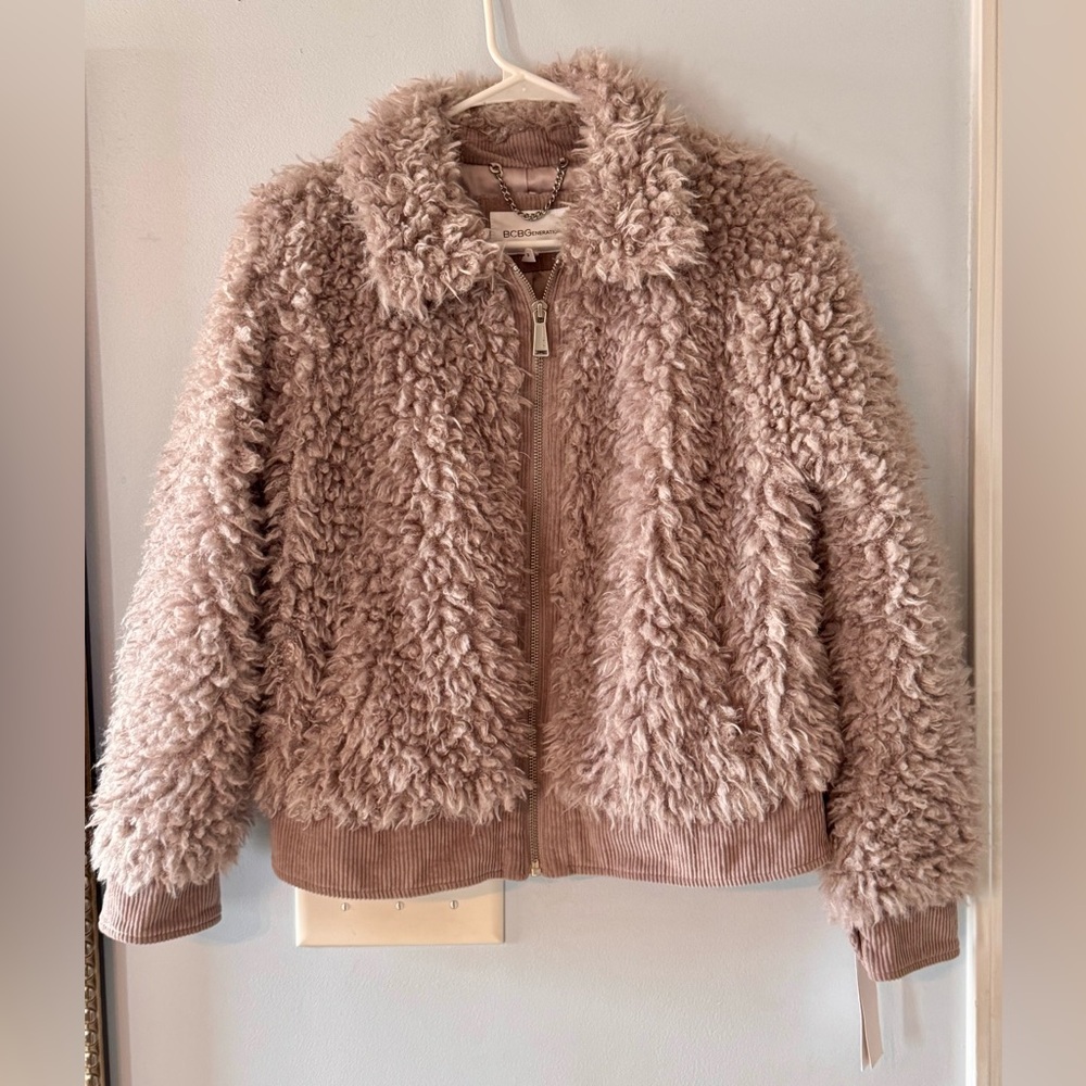 BCBGeneration Teddy Faux Fur Jacket Pink Beige Zip Up Coat Size Medium NWT